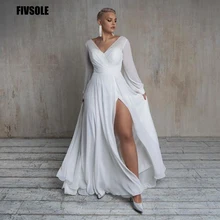 

Fivsole Chiffon Beach Wedding Dresses 2022 High Side Split Long Sleeves Bridal Gown Long V-neck Robe De Mariée Vestido De Noiva