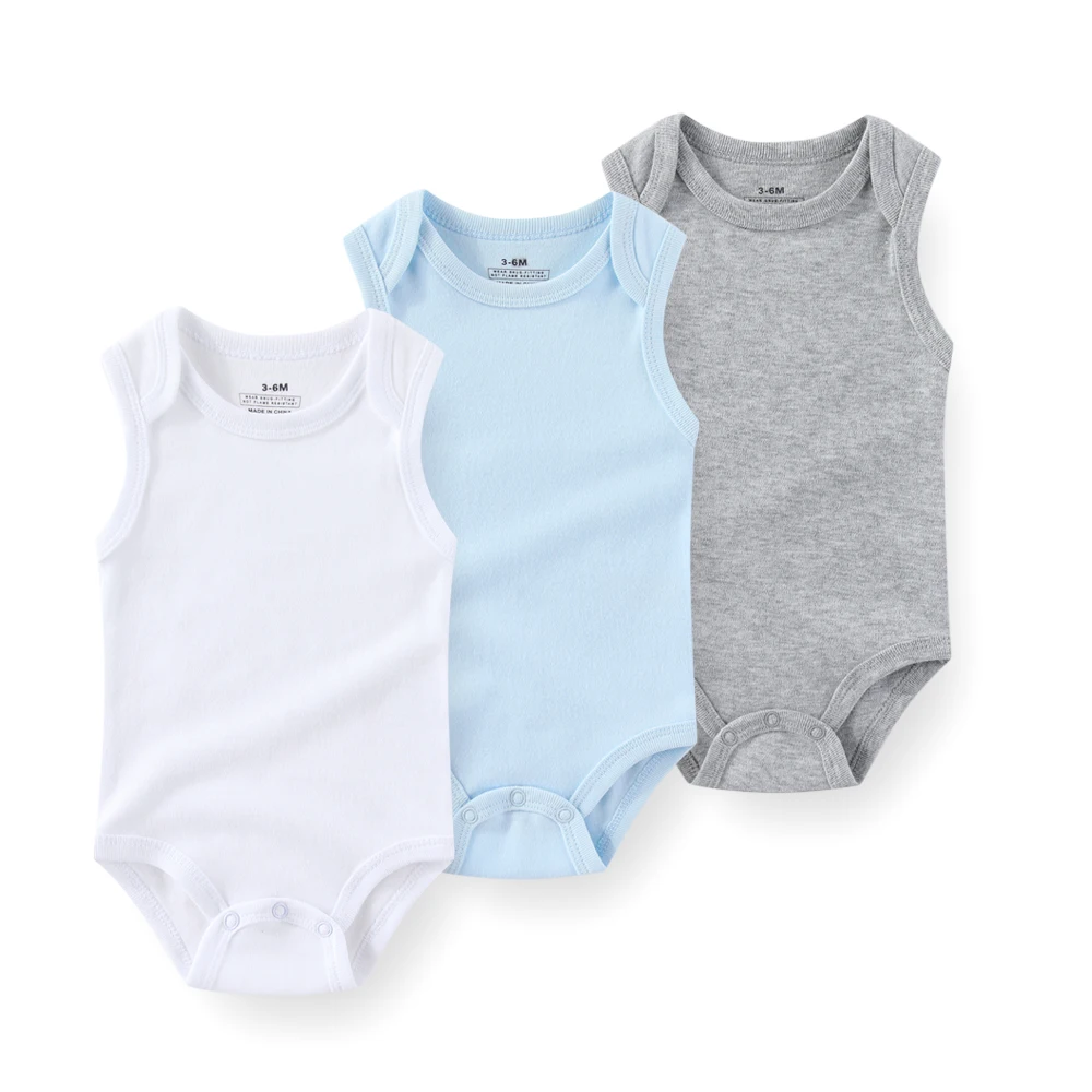 솔리드 컬러 3Pcs  소년 소녀 옷 100% 코튼 바디 슈트 민소매 조끼  소년 옷 여름 봉투 칼라