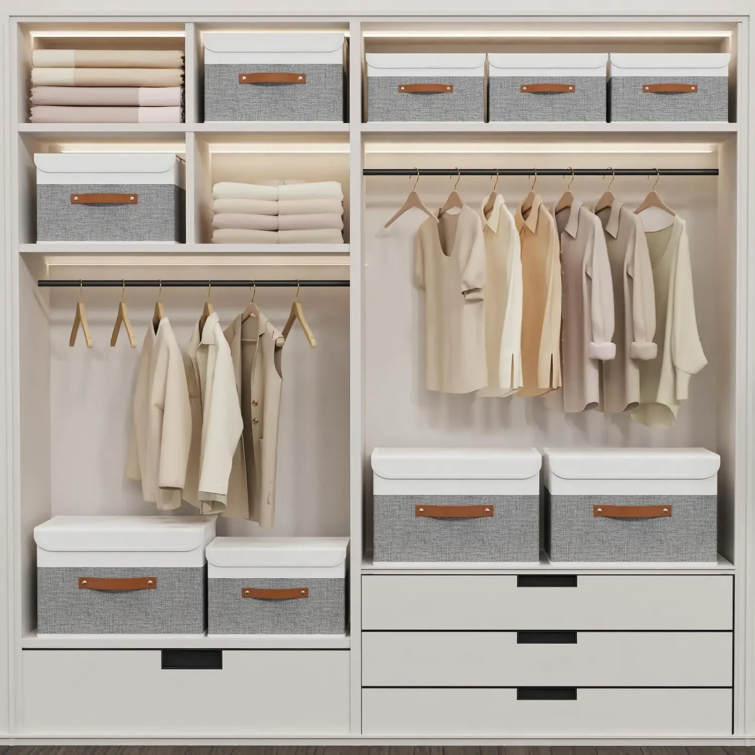 Storage Boxes with Lids, Linen Fabric Bin, Cube Organizer Basket, Washable and Leather Handle, for Home, Closet, White 2