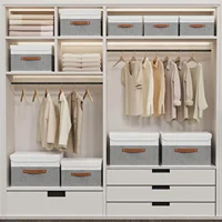 Storage Boxes with Lids, Linen Fabric Bin, Cube Organizer Basket, Washable and Leather Handle, for Home, Closet, White 2