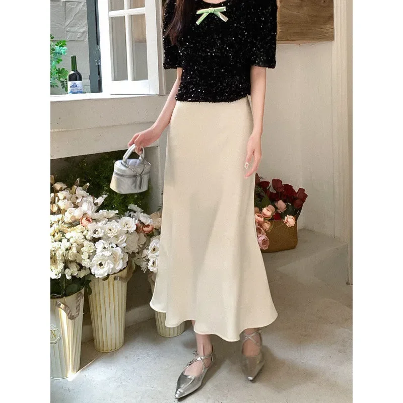 

Elegant Women's Skirts High Waist Silk Satin A-line Skirt Lady Fashion Solid Color Purple Long Skirts for Women Fashion 2023