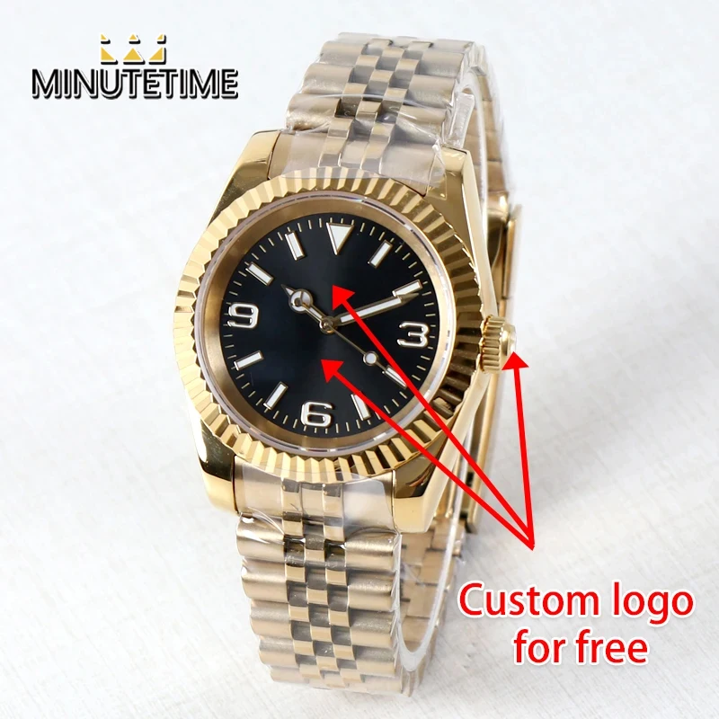 

MINUTETIME Custom Name DIY Logo NH35 Watch Sterile 369 Dial Luxury Men's Waterproof Saphhire Crystal Automatic Steel Gold Watch