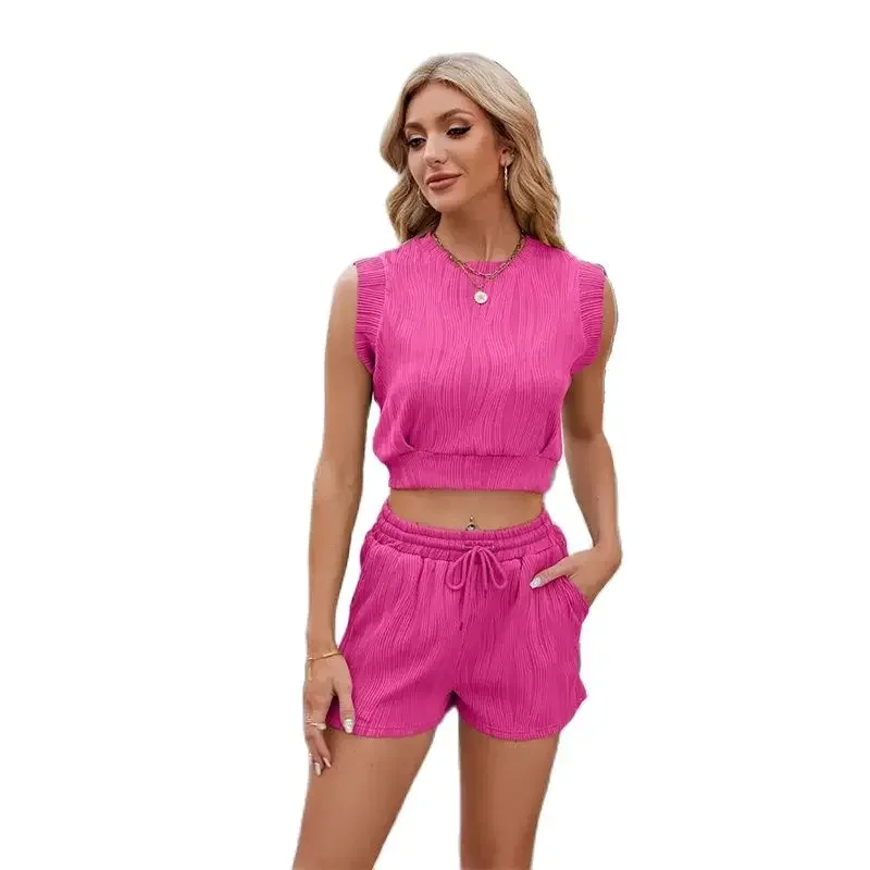 Women Ultra-short Sleeveless Top Two Piece Sets Drawstring Elastic Waist Pocket Short Summer Solid Color Casual Female Suits New