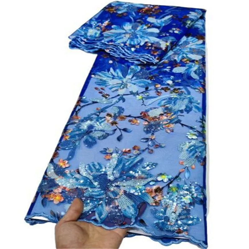 

2023 French Tulle Lace Fabric blue Exquisite Lace Fabric High Quality African Sequin Lace Fabric for Evening Party Dress Sewing