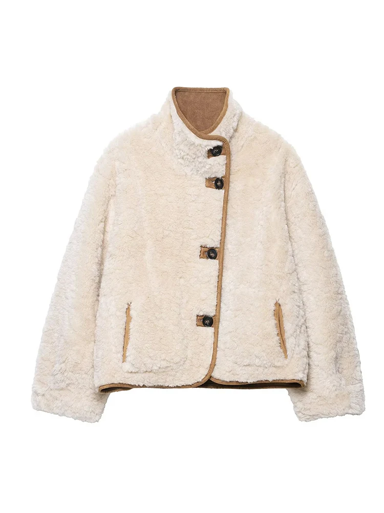 TFMLN Women's Reversible Jacket Coat 2025 New Winter Fashion Lambswool Short Jacket Casual Ladies Thick Warm Solid Outerwears