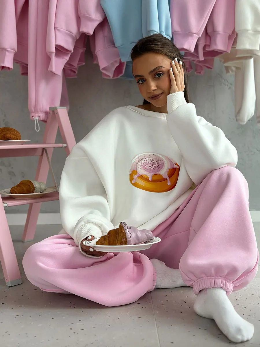 Bornlaides New Autumn Winter  Cake Printed Pullover Women's Plush Loose Slimming Long Sleeves Sweatshirts O-neck Pullover Hoodie