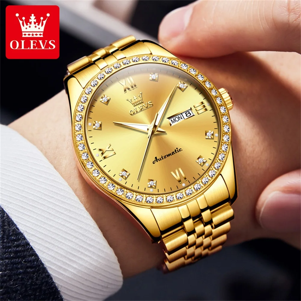 OLEVS 7012 Man Automatic Watch Dual Calendar Diamond Scale Mechanical Watch For Men Luxury Waterproof Luminous Dress Wristwatch
