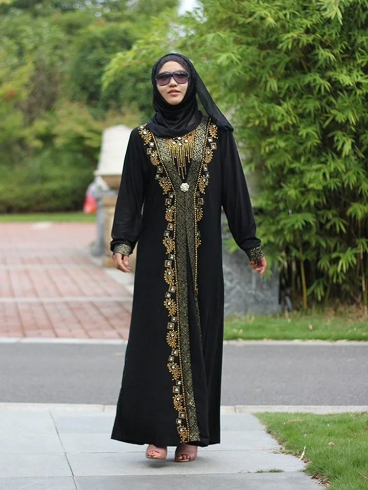 Vestito arabo islamico pizzo donna kaftano cucitura abaya jilbab abito maxi musulmano abito da donna (nero, S