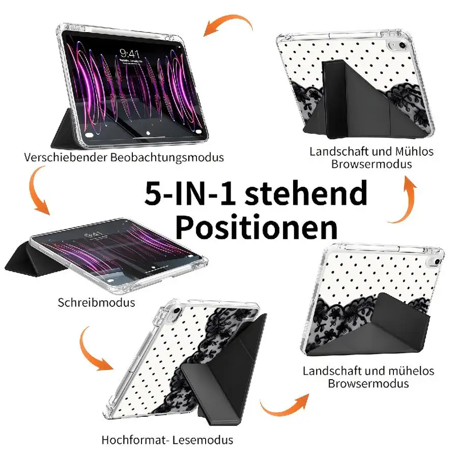Elegant Black Lace Print Tablet Case with Pen Slot