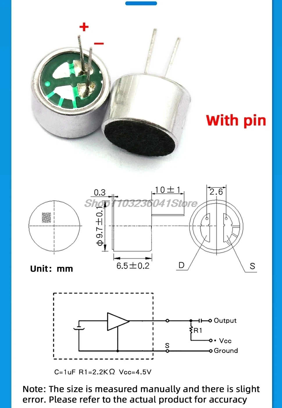 10 Stück Mikrofon 9 x 7 mm 9767 9 x 4,5 6 x 5 mm 6050 6 x 2,2 mm 6022 4,5 x 2,2 mm 4522 4 x 1,5 mm 4015 Elektret-Mikrofon mit 2-poligem Pickup – Detail 3