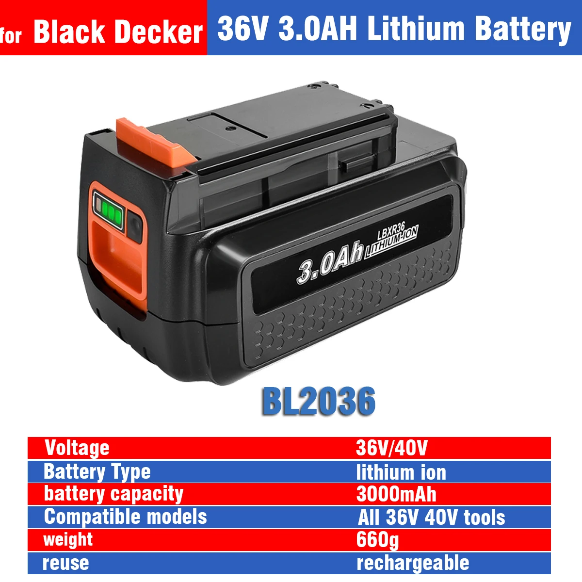 Batteria Di Ricambio 36V 3.0Ah Per Batteria Black & Decker 36V Bl20362 Bl2536 Lbxr36 Lbx1540 Lbx2540 Lbx2040 Lbx36 Lst540 Lcs1240