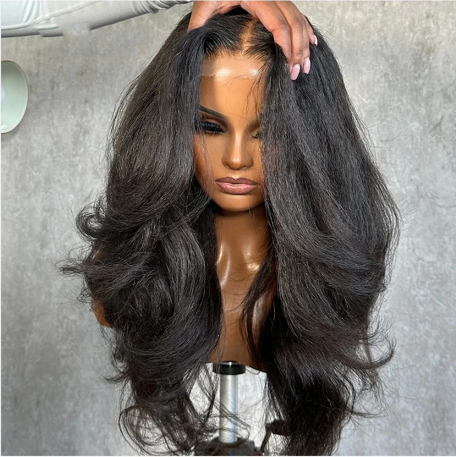 Soft Body Wavy Kinky Straight 26Inch Long 180%Density Glueless Lace Front Wig For Black Women With Baby Hair Heat Temperature