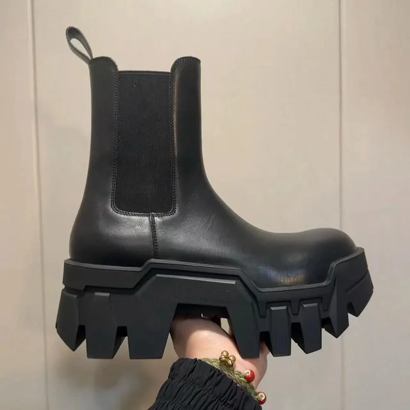 Men's  Boots Thick Bottom Chelsea Platform Tank Boots Retro Pusher Boots Casual Mid-Calf Breathable Leather Work Boots