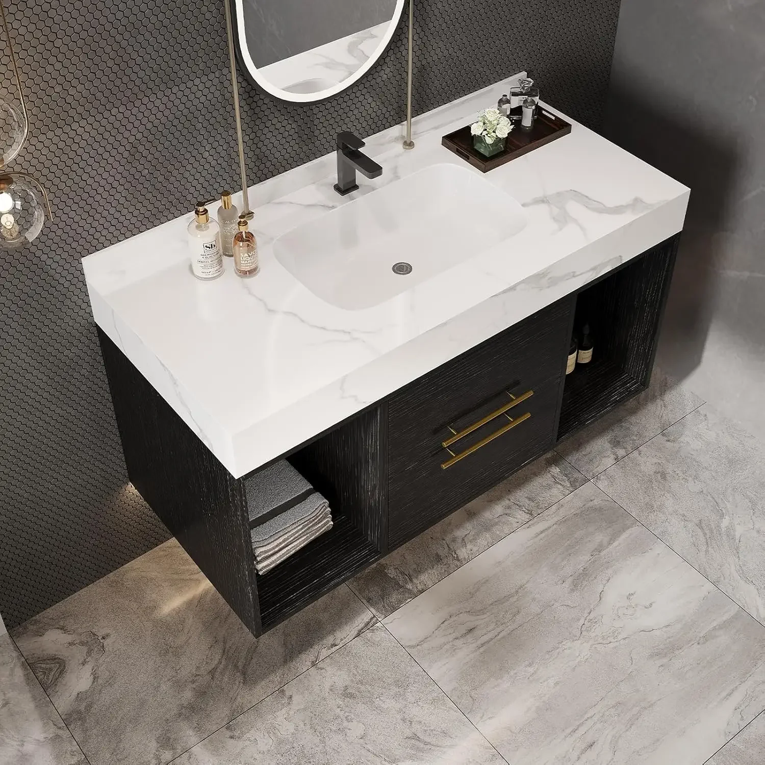 40 Inch Modern Wall Mounted Bathroom Vanity with Ceramic Sink. Quick Assembly Solid Wood Floating Bathroom Vanity Cabinet 3