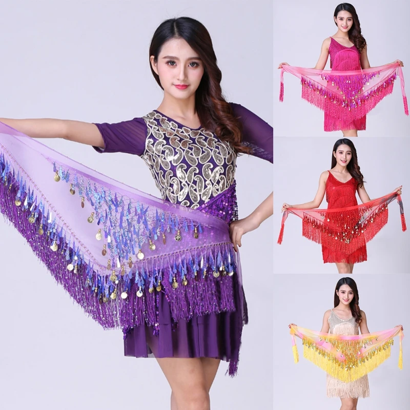 Belly Dance Hip Skirt Scarf For Wrap Waist Belt Bling Golden Coin Sequins Tassels Accessories Chiffon Fringe Scarf Waist Chain