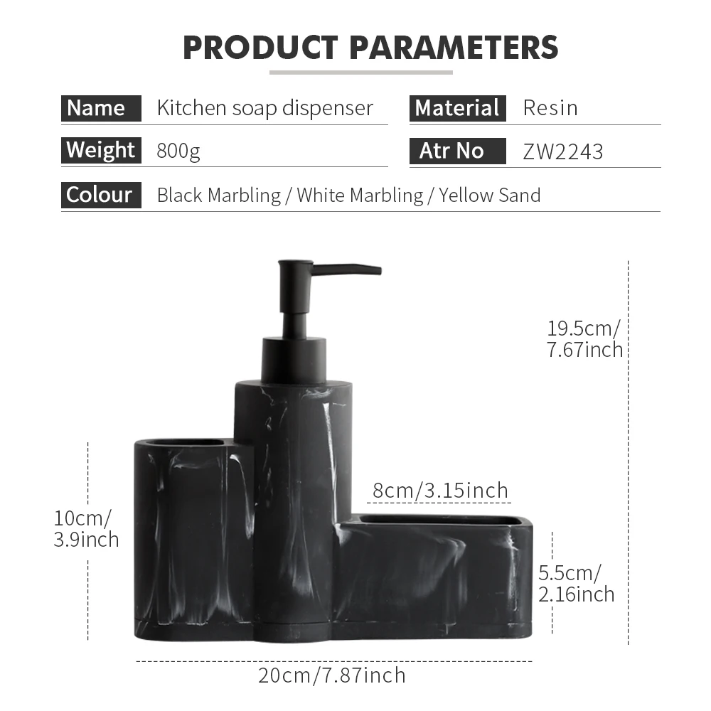 Kitchen Soap Dispenser Marble Look Liquid Hand Dish Soap Dispenser Pump Bottle Sink Dish Washing brush Sponge Holder 3 in 1