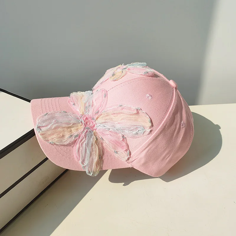 오리지널 디자인 메쉬 레이스 플라워 야구 모자, 귀여운 핑크 블루 원단, 여름 선바이저, 스포츠 여행, 야외 솜브레로