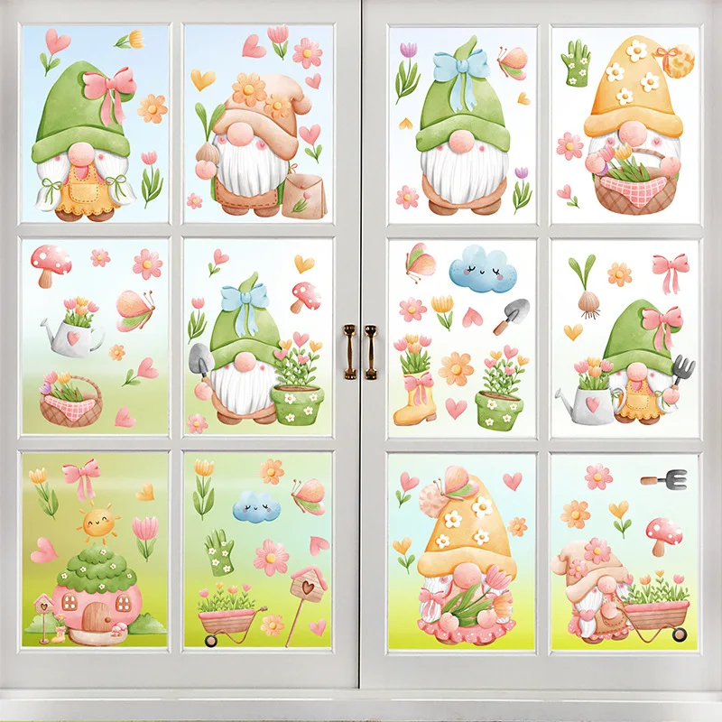 9 Sheets Spring Gnome Static Window Sticker Double Sided Faceless Doll Window Decals Stickers Party Supplies Home Decor