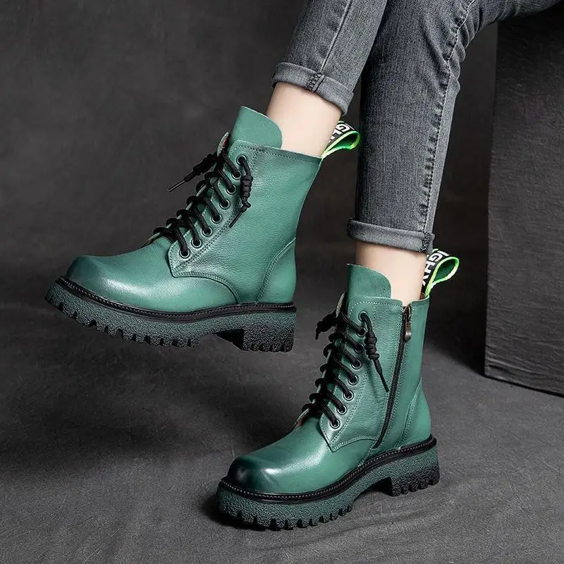 

2022 Autumn Winter New Retro Single Boots Women's Thick Bottom Low Heel Soft Bottom Lace-up High-top Shoes