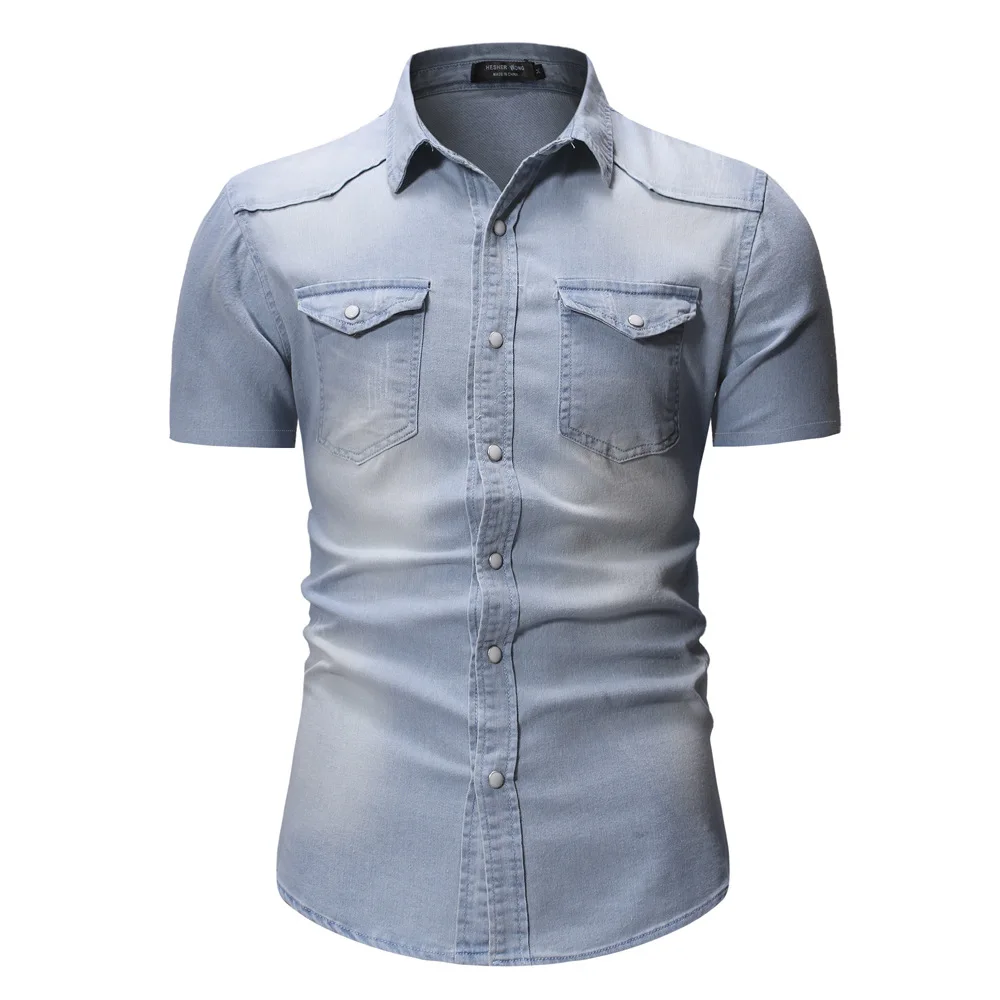 Summer New Simple Men Denim Shirt Casual Business Mens Short Sleeve Shirts Fashion Polo Collar Male Tops denim shirt