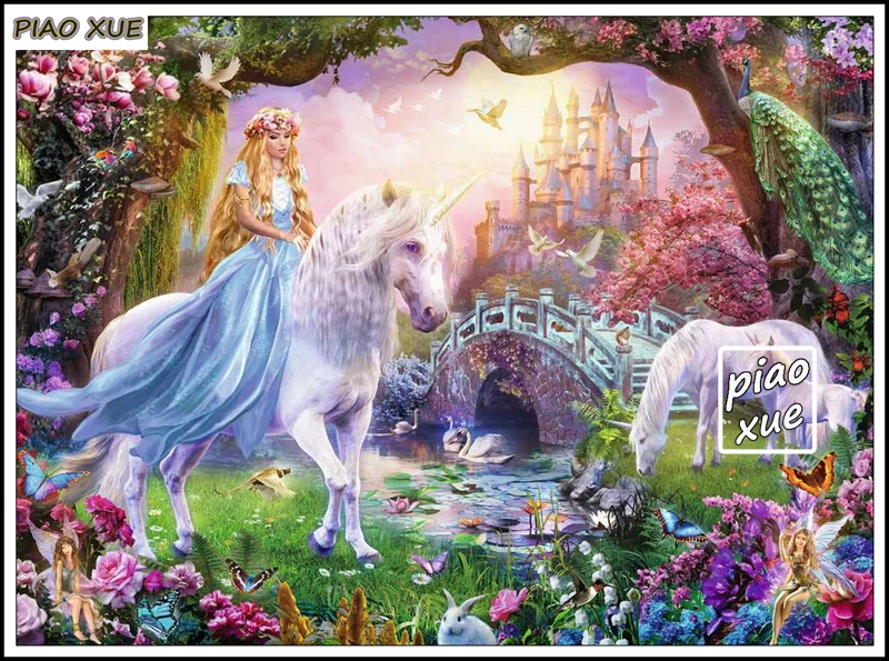 妖精の王女とユニコーンダイヤモンド絵画アート魔法の森の城モザイク