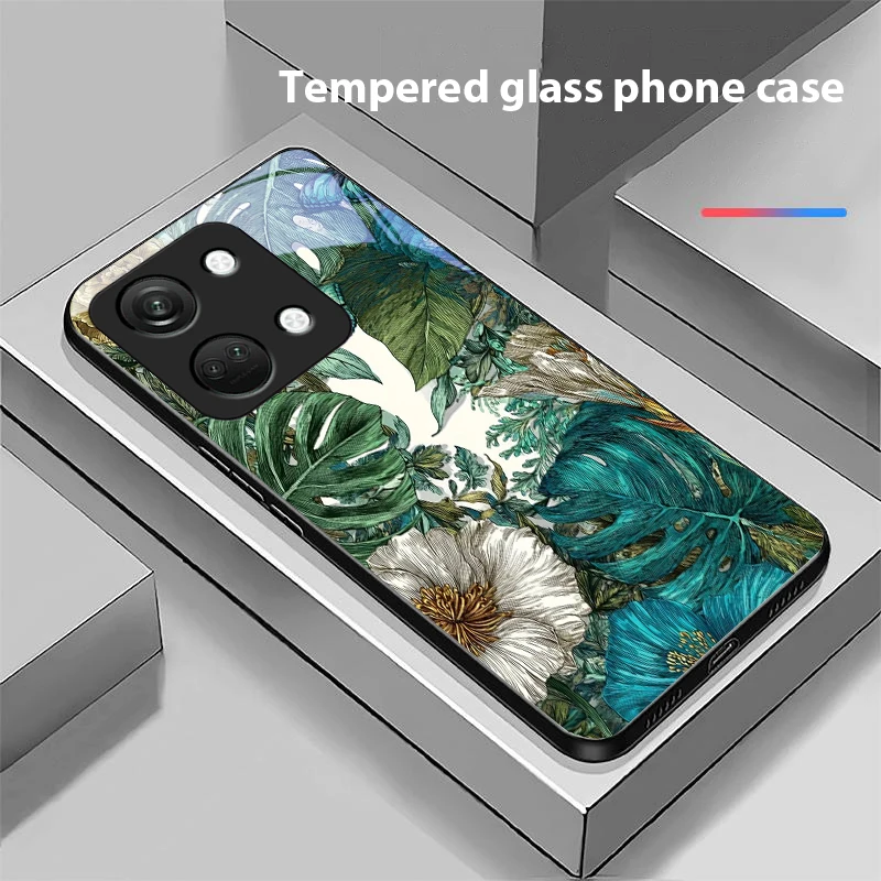 Green Tropical Plants Black Tempered Glass Phone Case
