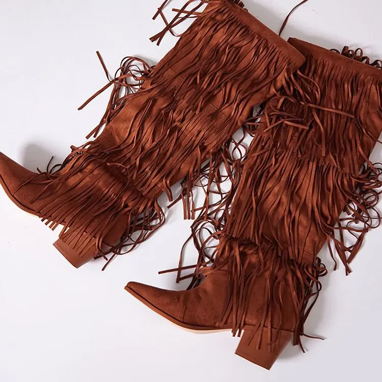 

Женские замшевые ботинки до середины икры, коричневые Винтажные ботинки на блочном каблуке с острым носком и бахромой, модная обувь до бедра, большие размеры 13 15