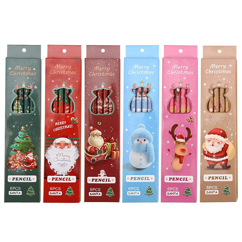 

6pcs/Lot Christmas Boxed Pencils Student Writing Drawing Sketch Pen Set Wooden HB with Rubber Stationery