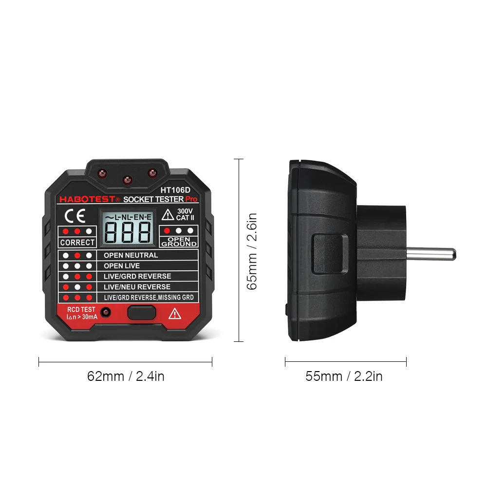 HT107 Digital Socket Tester Pro Voltage  30mA &5mA RCD Test Smart  Detector  EU US UK Plug Ground Zero Line Polarity Phase Check 6