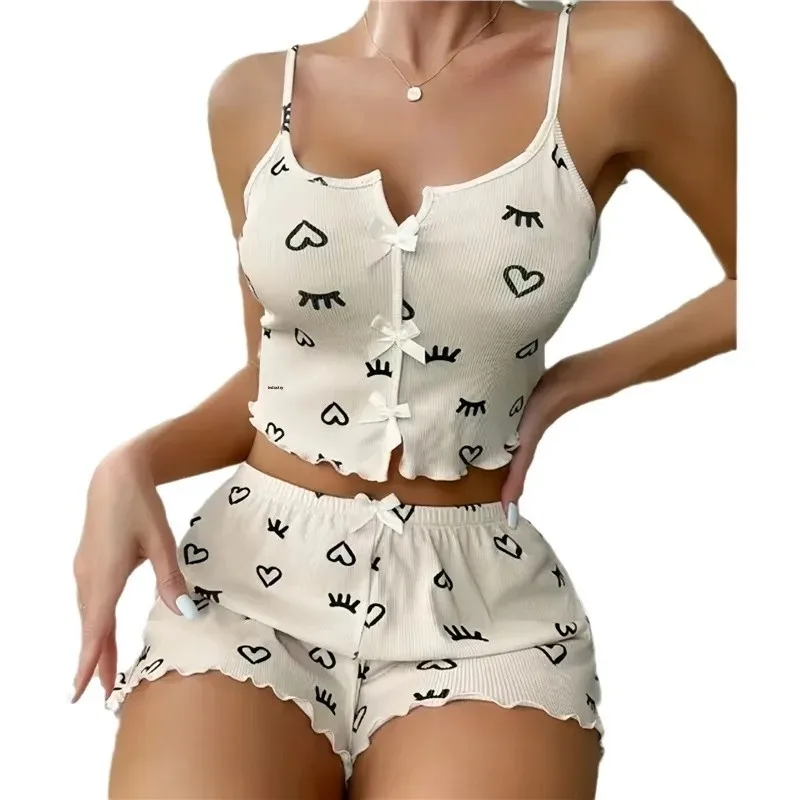 Sexy Heart Print Lingerie Set Women's Sleepwear V-Neck Sleeveless Striped Patterned Cross-Border Fashionable Nightgown