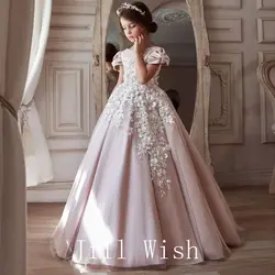 Jill Wish Luxury Elegant Pink Girl Dress Appliques Cape Beading Princess Gown Kids Wedding Communion Party Quinceañera 2024 J164