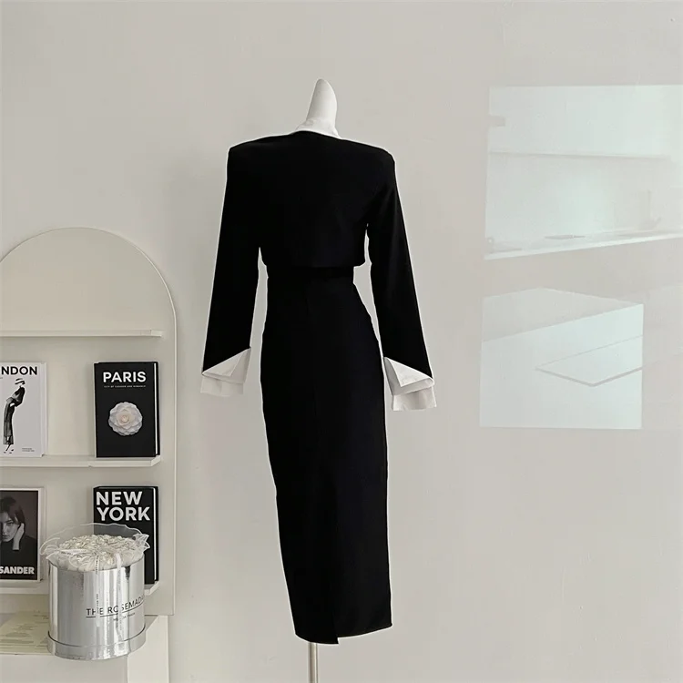 Y2K 3-piece Set Women Crop Coat Blazer White Shirt Halter Sleeveless Bodycon Midi Dress Autumn New Female Korean Chic Outfits