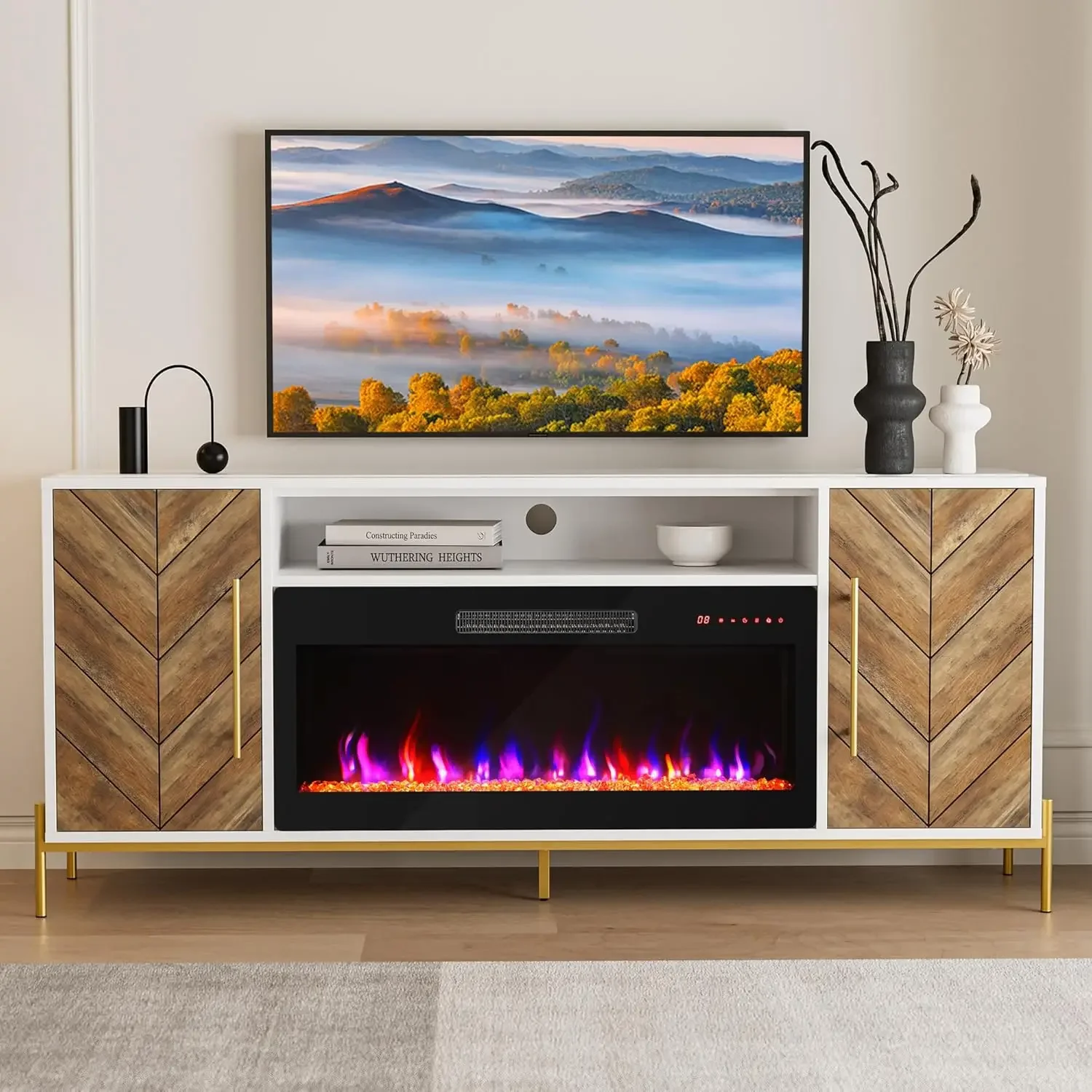 Description Picture 2 of item68" Wood TV Stand with 36" Electric Fireplace Entertainment Center with Storage Cabinet Console Table for TVs up to 75 Inches
