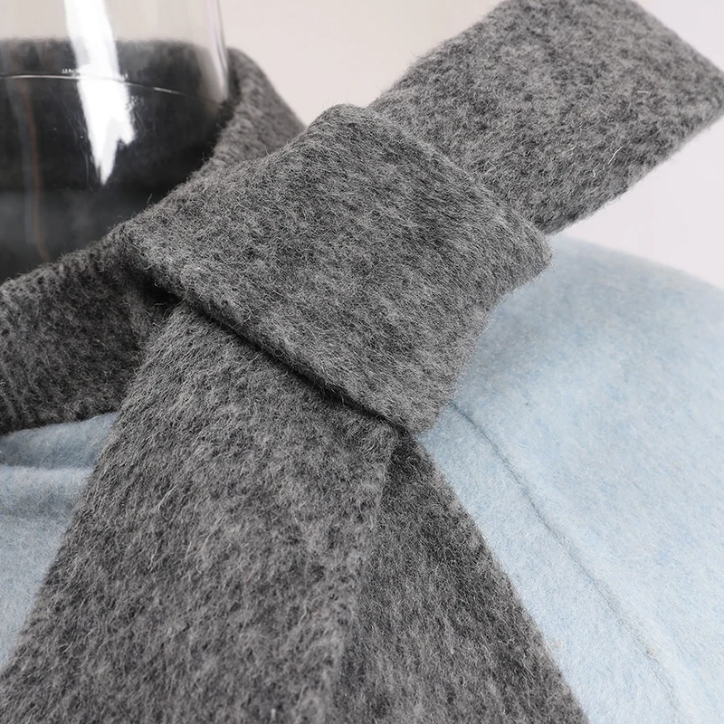 LANMREM Grey And Blue Colorblock Tie Collar Design Women's Double-faced Woolen Coat single Breasted Autumn Witner Clothing G4190 - Image 6