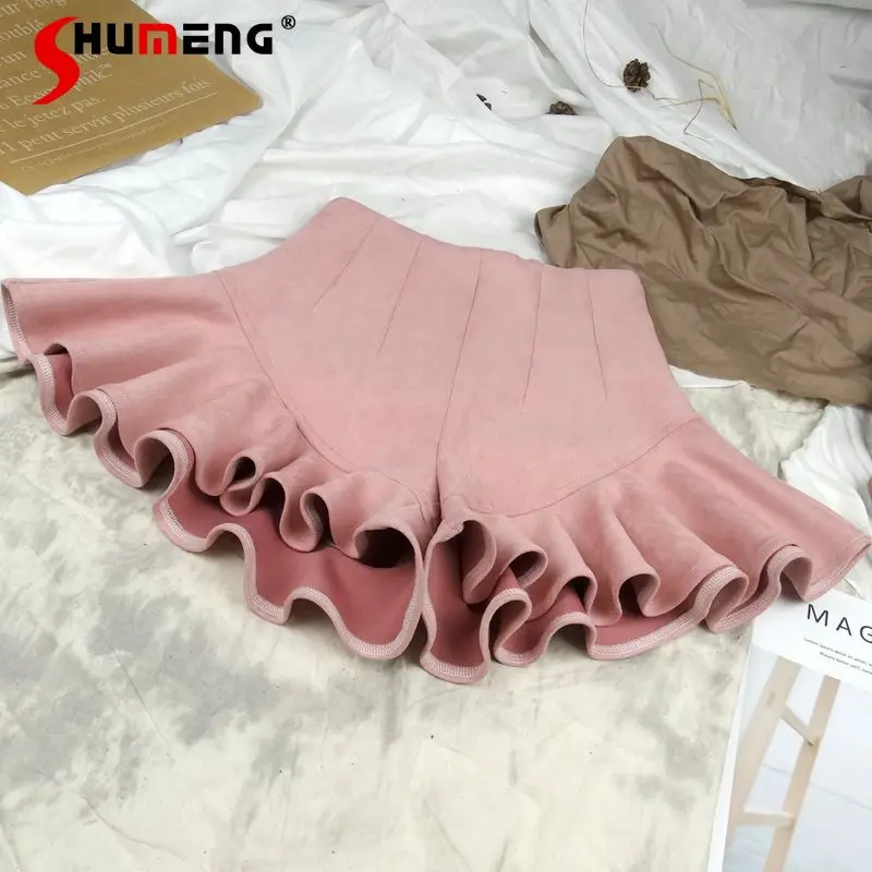 Sexy Woman High Waist Suede Ruffled Fishtail Skirt 2024 Autumn and Winter New A- Line Wooden Ear Slimming Short Culottes Women