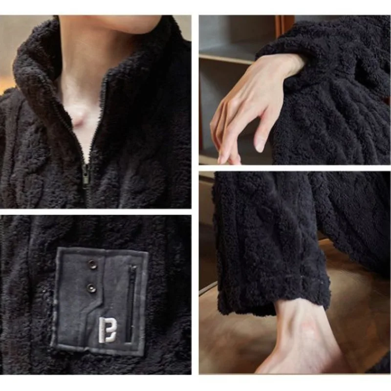 2024 New Coral Fleece Men's Pajamas Autumn Winter Sleepwear Thick Warm Homewear Stand Collar Zipper Flannel Warm Loungewear Set