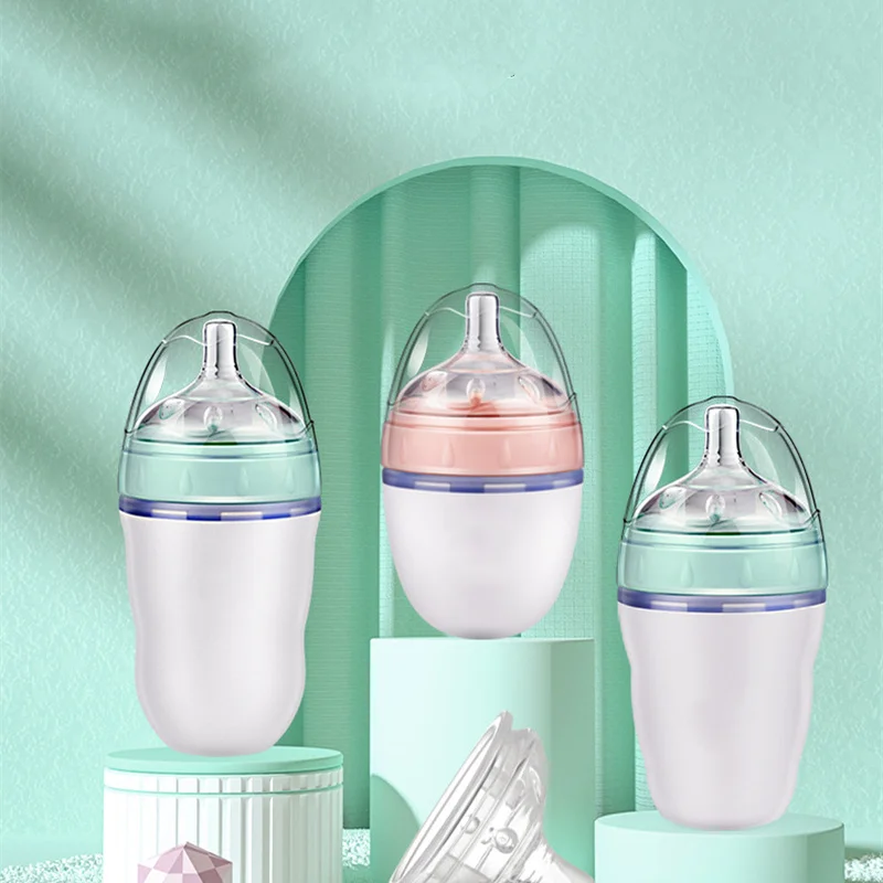 

150/180/240ML BPA Free 100% Food Grade Manufacturers Smart Hands Free Baby Silicone Wide-Mouth Feeding Bottle