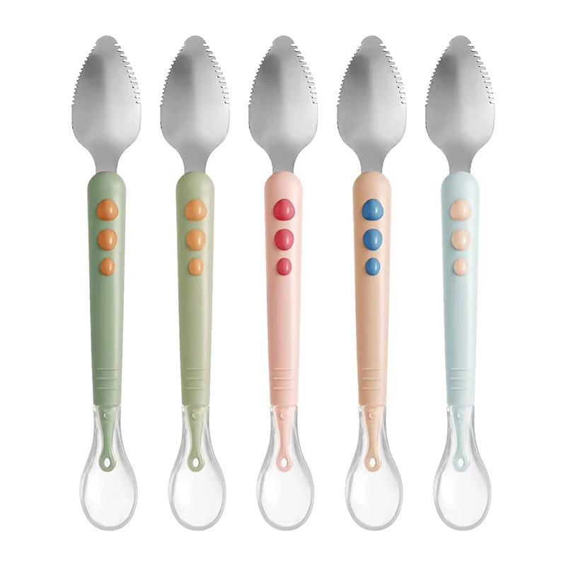 Baby Fruit Scraping Mud Spoon Double Head Silicone Stainless Steel Children Utensil Toddler Infant Food Feeding Tableware