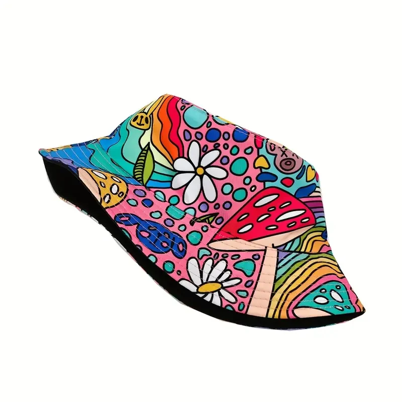 Fisherman Hat Bocca Cartoon Mushroom Bucket Hat Flower Graffiti Double Sides Panama Cap for Men Woman Outdoor Summer Beach