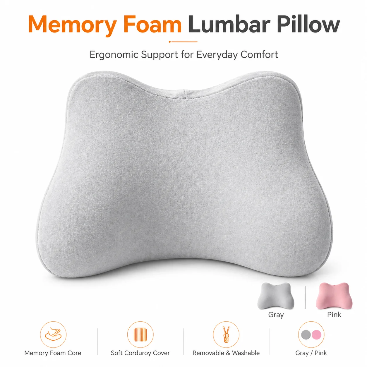 Ergonomic Memory Foam Back Support Cushion - Washable, Slow Rebound Pillow in Gray/Pink for Enhanced Comfort