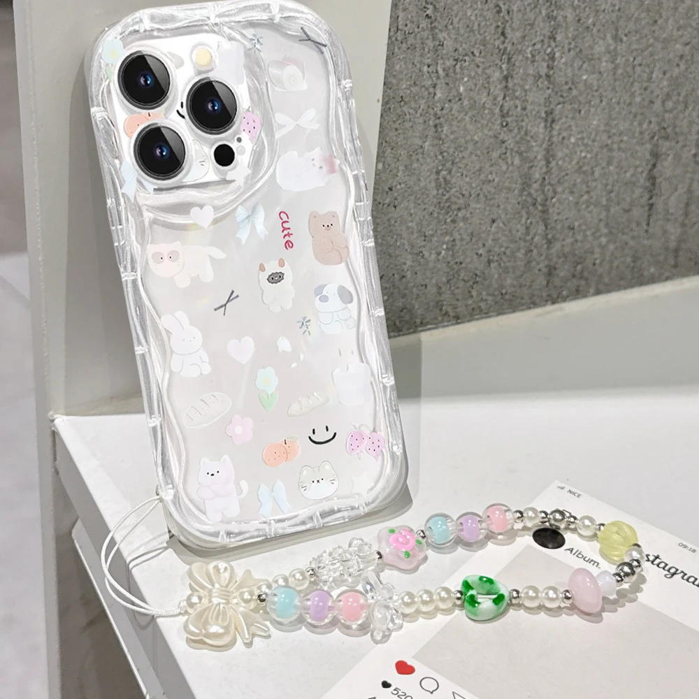 Charming Cat Bow Wrist Chain Clear Soft Phone Case