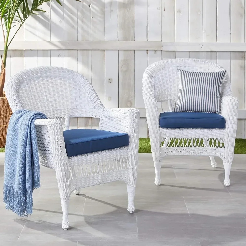 

Wicker Chair With Blue Cushion Patio Furniture Set of 2 White Outdoor
