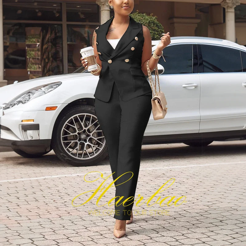 Women's Double Breasted Suit Pants and Vest, Loose Outfit, Office Workwear for Ladies, Fashion, 2Pcs