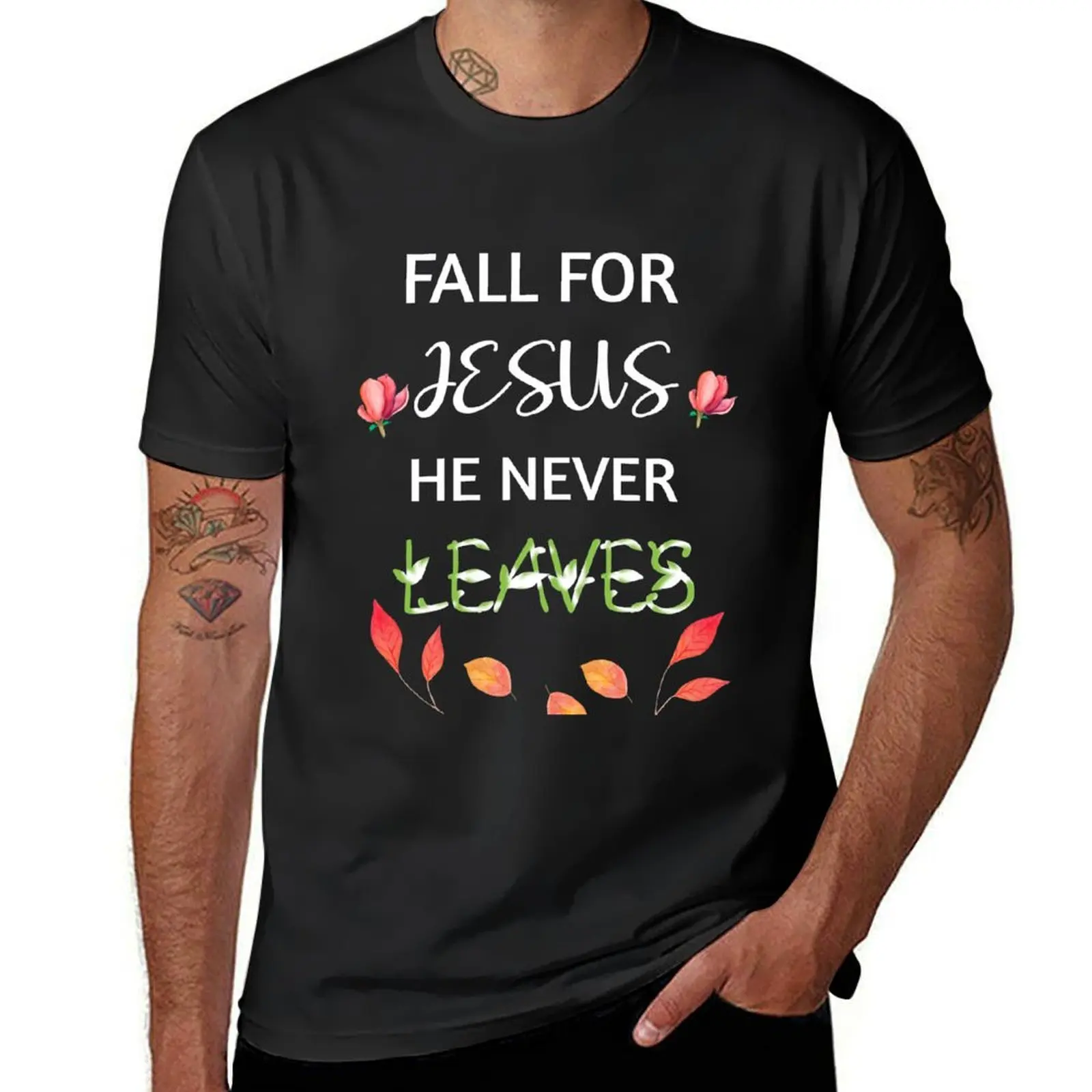 

Fall for jesus he never leaves T-shirt Short sleeve tee cute clothes mens graphic t-shirts funny