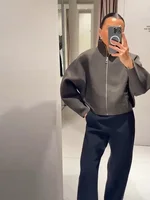 Cardigan court tricoté solide pour femmes, décontracté, manches longues, fermeture éclair, manteaux courts amples, vêtements d'extérieur à la mode pour les déplacements quotidiens, 2025 3