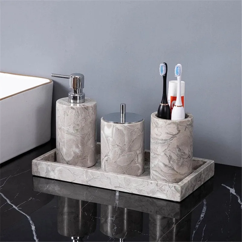 Bathroom Set Marble Liquid Soap Dispenser Bottle Dish Toothbrush Holder Rack Gargle Cup Tray Cotton Swab Tissue Box Nordic Style