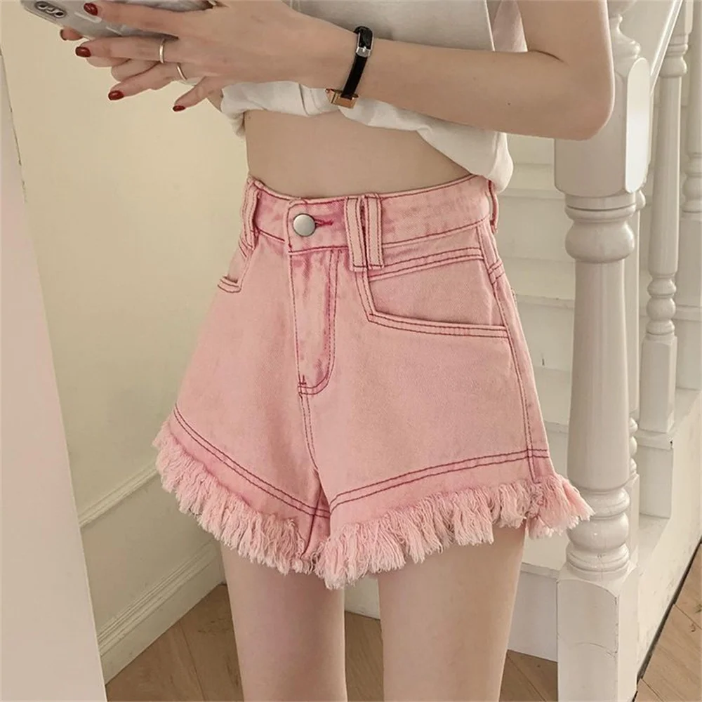 Pink Denim Shorts Woman Summer New High Waist Burrs Tassel Wide Leg Short Jean Slim Fashion All-Match Jean Short Sexy Hot Pants