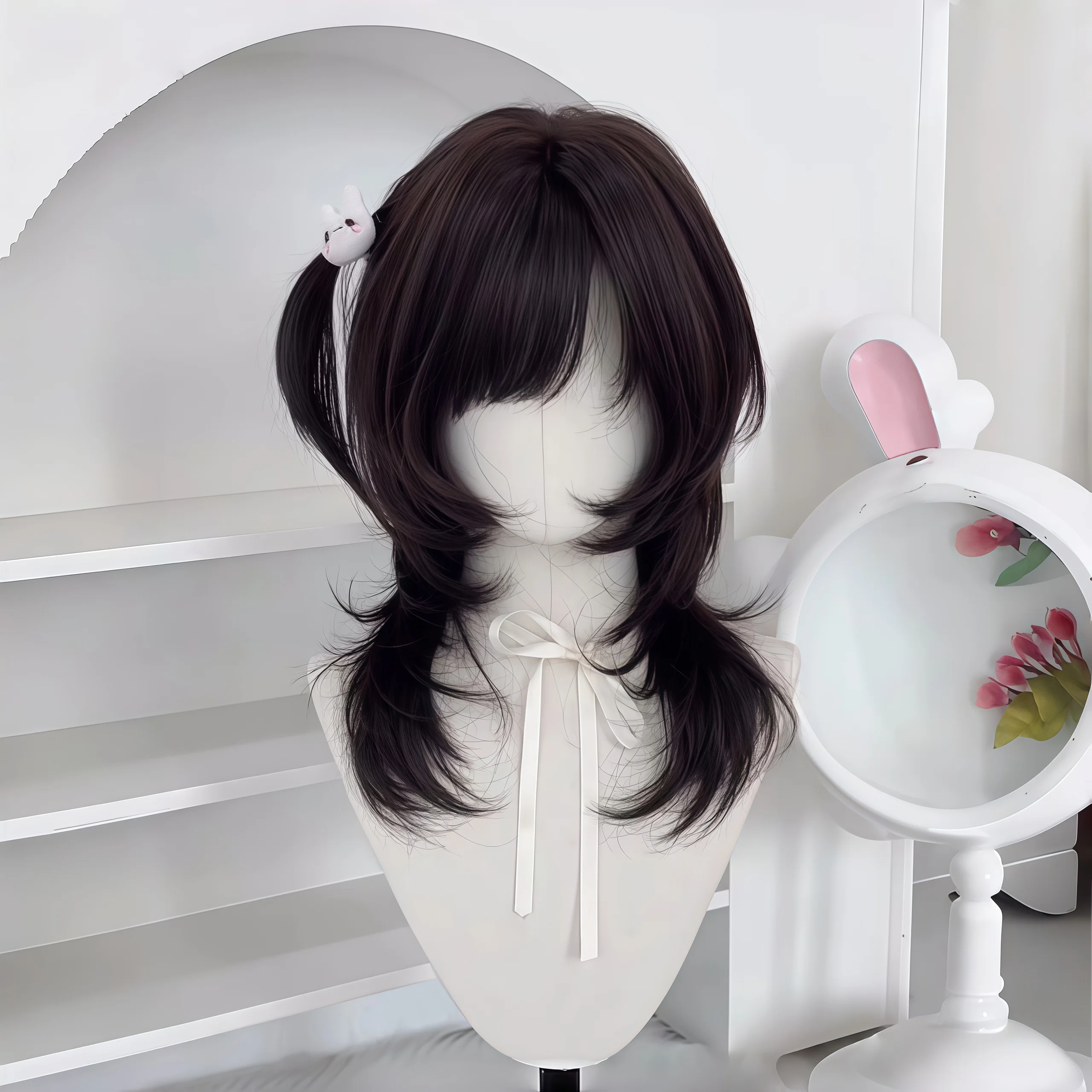 Synthetic multi-level wig headgear with bangs natural brown and black heat-resistant curly hair 18-inch high-level wig