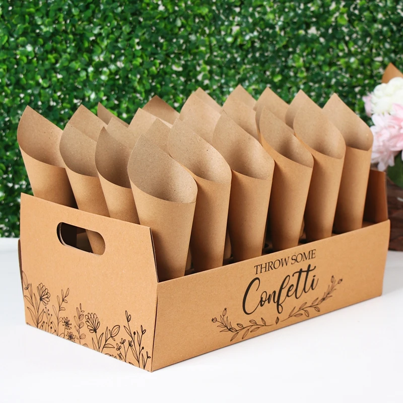 Kraftpapier Hochzeit Konfetti Kegel Halter Unterstützung für Hochzeit Dekor Konfetti Kegel Stehen Box Tablett Gefälschte Blume Hochzeit Papier Kegel – Detail 6