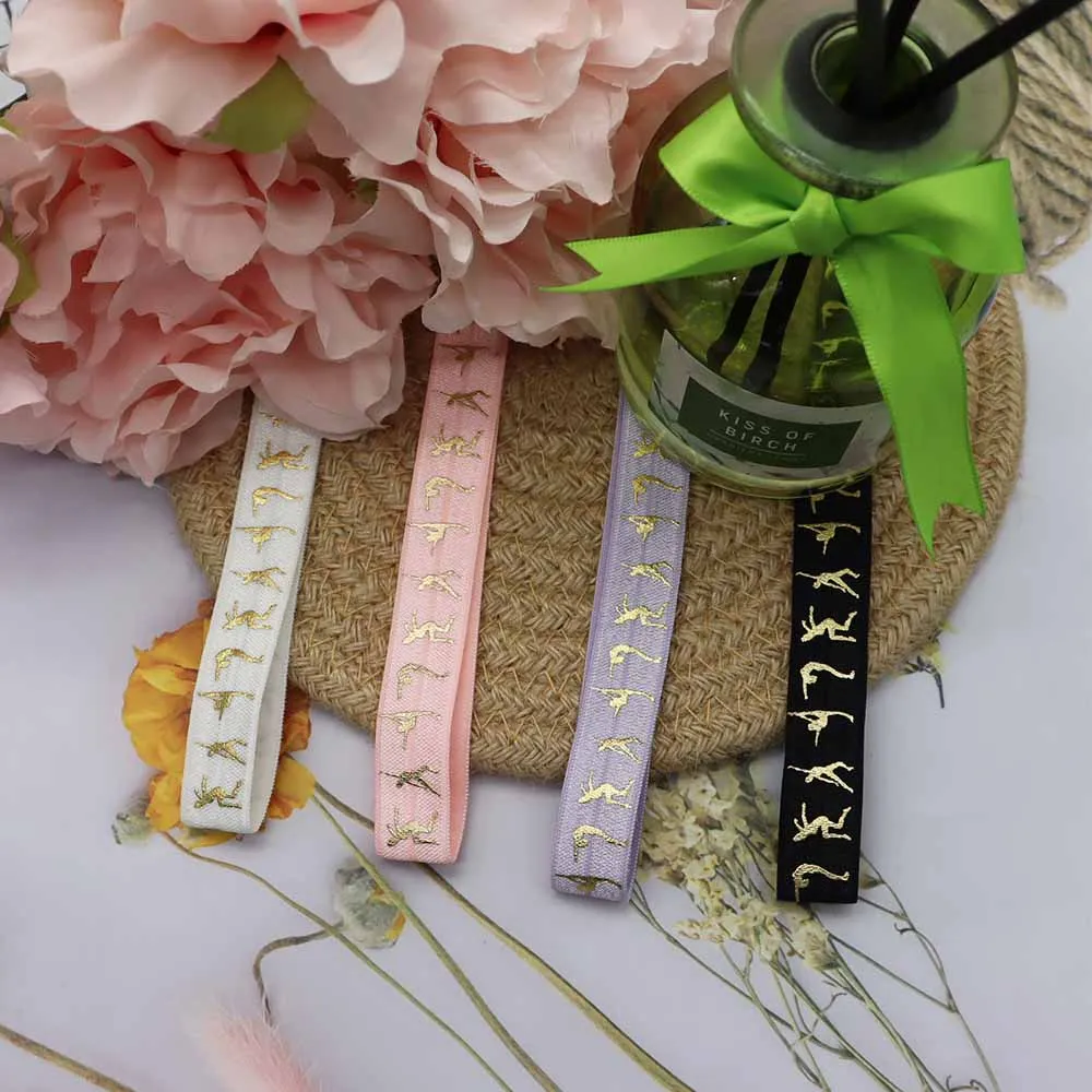 5/8" 15MM Gold Foil Female Gymnasts Printed Fold Over Elastic Band Gymnastics FOE Ribbon For DIY Knot Ties Hair Accessories